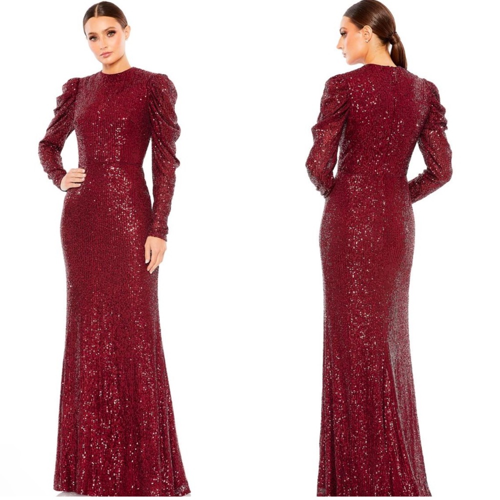 IEENA FOR MAC DUGGAL red wine 16 Sequined High Neck Puff Long Sleeve Column Gown - Picture 1 of 9